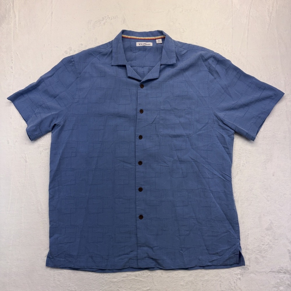 Caribbean Shirt Men's XL Blue Solid Button Up Short-Sleeve Modal Blend Hawaiian